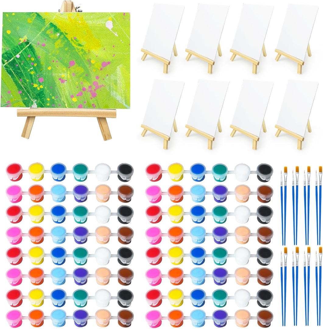 8 Set Mini Acrylic Paint Kit, Mini Stretched Canvas with Easel, Acrylic Paint Strips, Painting Brushes, Mini Canvas and Easel Paint Set for Kids Artists Beginner for Easter Party Gift
