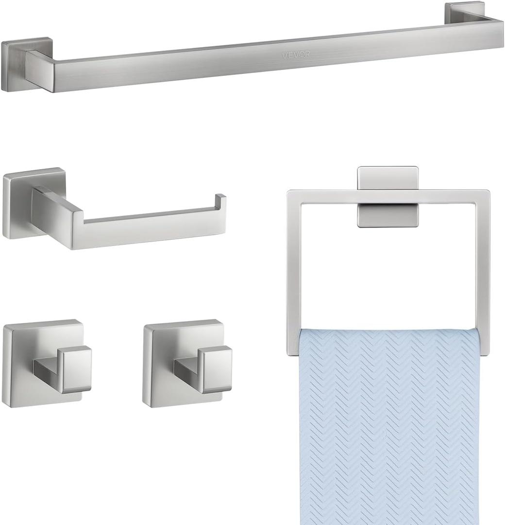 VEVOR Brushed Nickel Bathroom Hardware Set, 5 Pieces Bathroom Accessories Set, Stainless Steel 24 inch Towel Bar, Towel Rack, 2 Robe Towel Hooks, Toilet Paper Holder for Bath Room, Wall Mounted, Silver