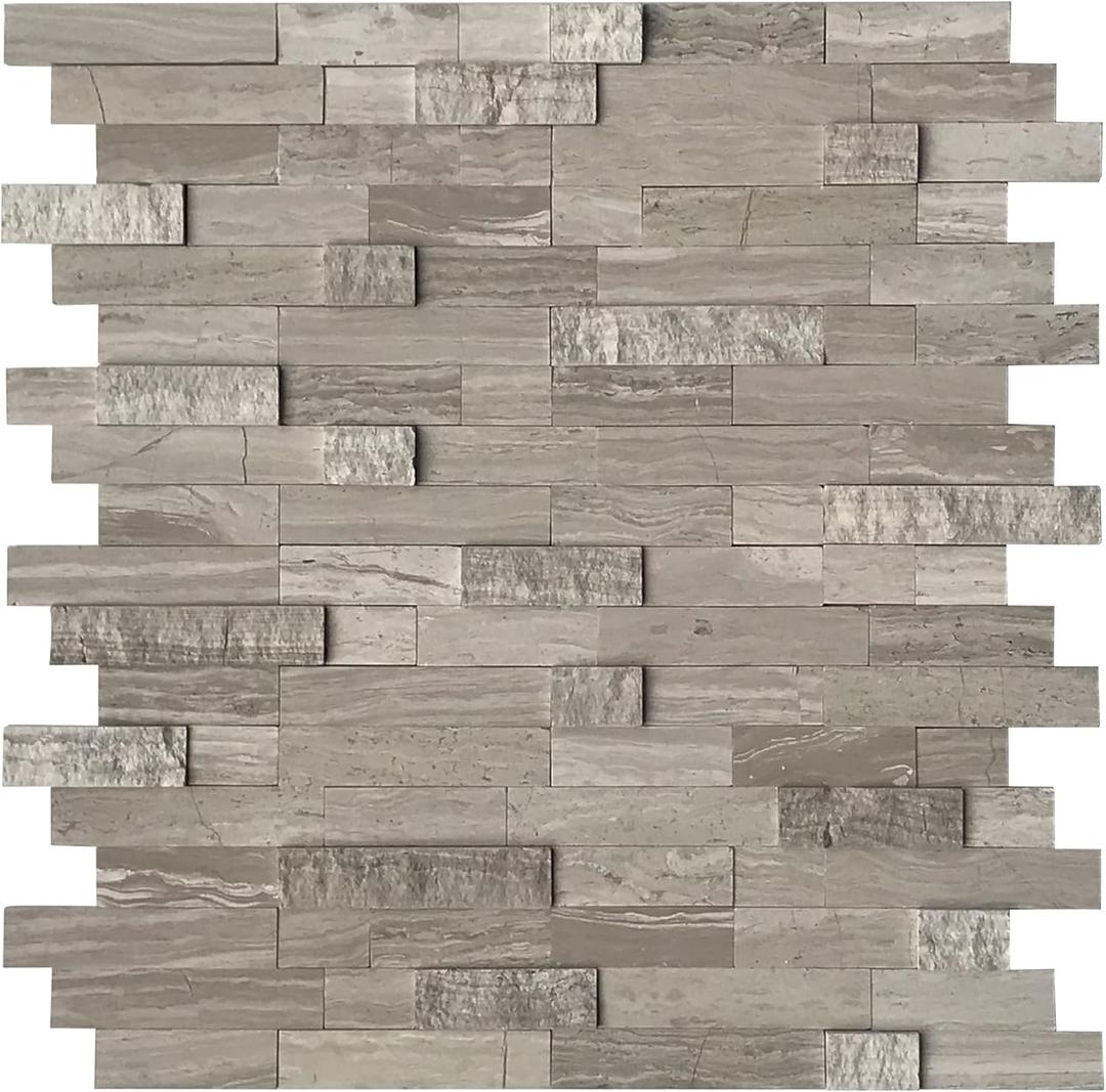 SUNWINGS Peel and Stick Mosaic Natural 3D Stone Self Adhesive Tiles, 12" x 11" 5-Sheet Stick on Backsplash for Kitchen Bathroom Fireplace Vanity, Mixed Tan