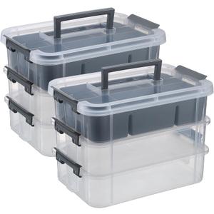 JUXYES 2 Pack 3-Tiers Stack Carry Storage Box With Divided Tray, Transparent Stackable Storage Bin With Handle Lid Latching Storage Container for School & Office Supplies, Dark Gray
