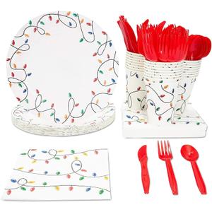 Juvale Christmas Lights Dinnerware Set, Paper Plates, Cutlery, Cups, and Napkins (Serves 24, 144 Pieces)