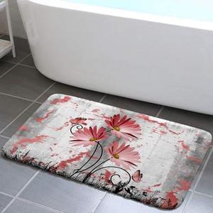 Rustic Farmhouse Bath Rug, Farm Red Grey Daisy Floral Flowers and Butterfly on Country Wooden Bath Mat, Gray White Kitchen Rug Floor Mat Soft Non Slip Runner Carpet Indoor Doormat 17X29IN