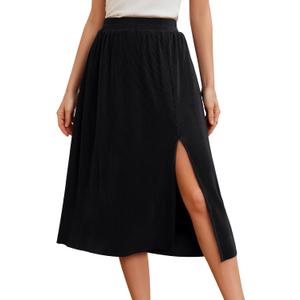 Gardenwed Womens Midi Casual Skirt High Waisted Pleated Flowy A Line Elastic Swing Skirts with Side Slit (S)