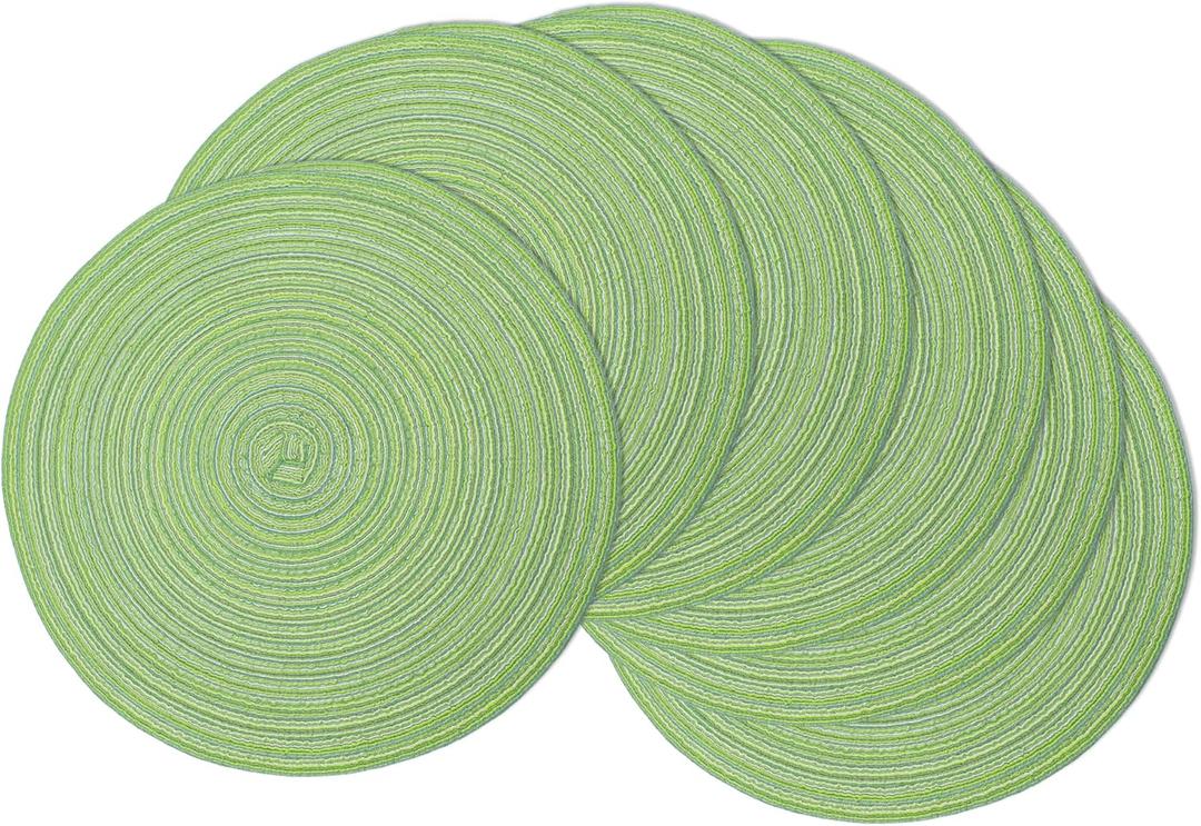 Braided Round Placemats Set of 6,Woven Washable Non-Slip Table Mats for Kitchen Dining, 14.5 Inch, Heat Resistant - Natural Fabric Indoor Outdoor Place Mats(Green)