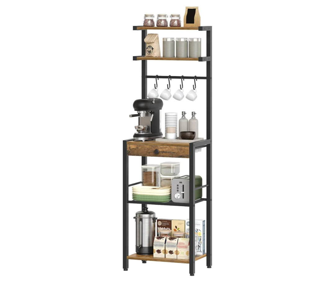 Bakers Rack, 5-Tier Coffee Bar Station, Coffee Stand with Pod Drawer Holder, Versatile Kitchen Storage Rack with 4 Hooks, for Living Room, Cafe Corner, Rustic Brown and Black KF01BRY1