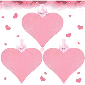 RattanView 3 Pcs Valentines Door Decorations Valentines Heart Door Hanger Decorations Red Glitter Heart Shaped Wooden Hanging Sign 11 x 12 Inch for Home Wall Porch Wedding (Pink)