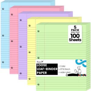 Koogel 5-Color Loose Leaf Paper, 500 Sheets Wide Ruled, 8 x 10.5 Inch, 3-Hole Punched for 3-Ring Binders, Perfect Notebook Paper Filler for Note-Taking, Ideal for Back to School Student & Professional