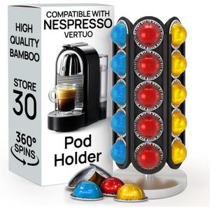 Ibyx 30-Capsule Nespresso Pod Holder  360 Rotating Coffee Storage Stand  Compatible with Nespresso Vertuo  No Assembly, Black Wood Design