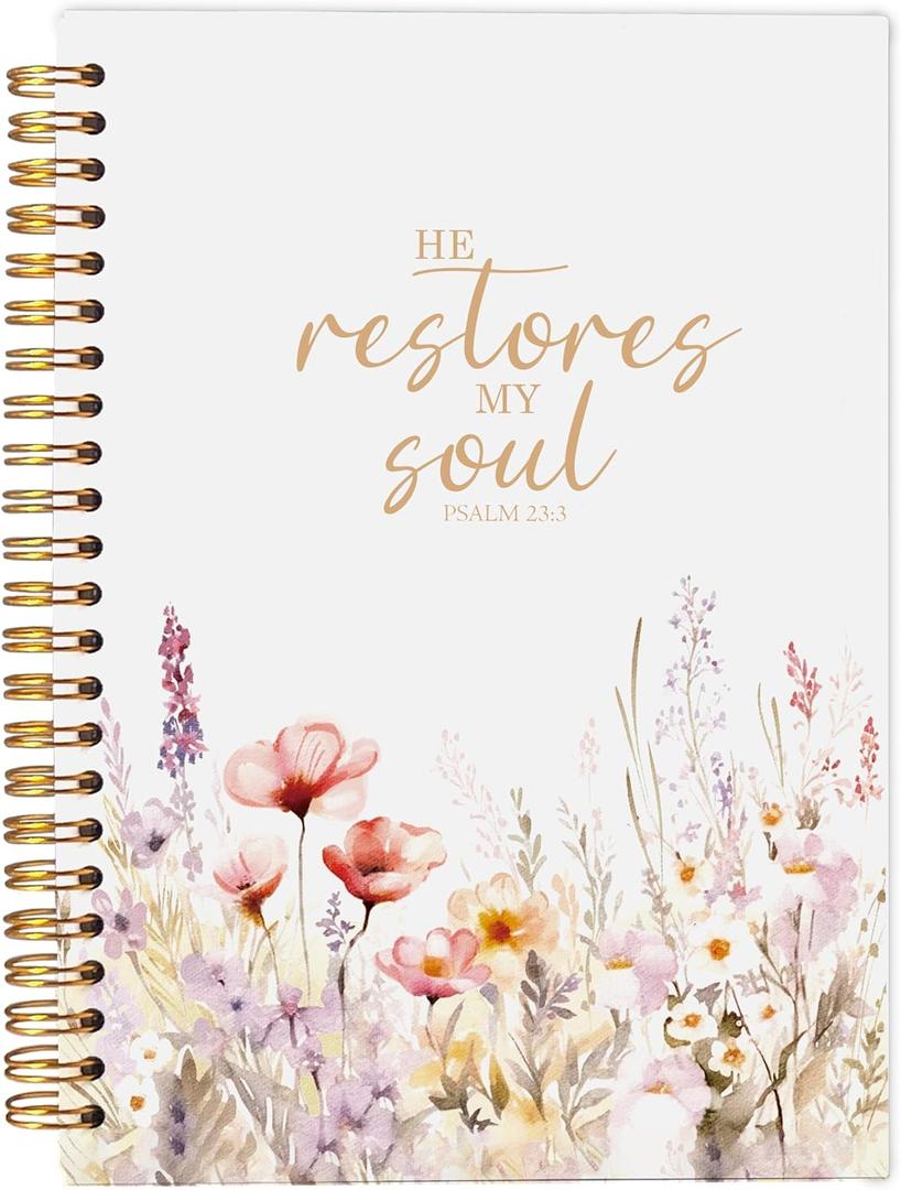 Christian Notebook for Women, Christian Art Gifts Journal, Prayer Journal for Women, Bible Journaling Notebook, PSALM 23:3 He Restores My Soul Floral Spiral Notebook 5.5x8.3