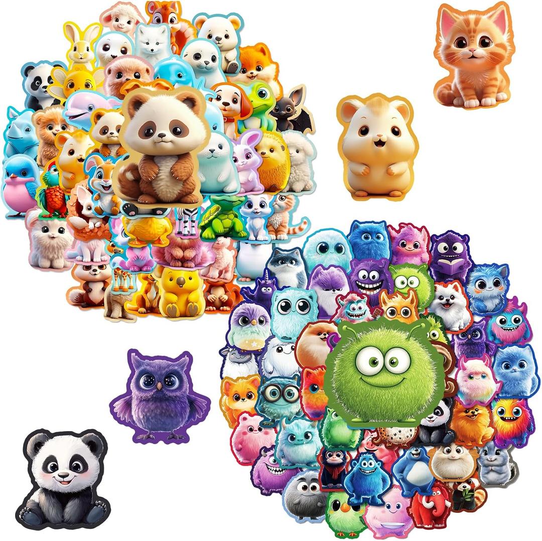 2 x 100PCS Animal Stickers and Vinyl Decals  Cute Monster & Critter Waterproof Stickers for Journals, Scrapbooks, Water Bottles, Laptops  Great for Kids, Teens, Boys, Girls
