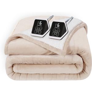 Westinghouse Queen Size Electric Blanket, Flannel to Sherpa Reversible, Heated Blanket Queen with Dual Control 10 Heating Settings & 112 Hours Auto Shut Off, Machine Washable, (84" x 90", Beige)