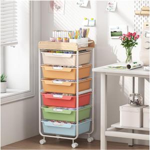 SYKIARIOL Rolling Cart with 6 Drawers,Utility Storage Cart with Drawers,Art Craft Organizers and Storage,Makeup Organizer with Wooden Tabletop,Rainbow
