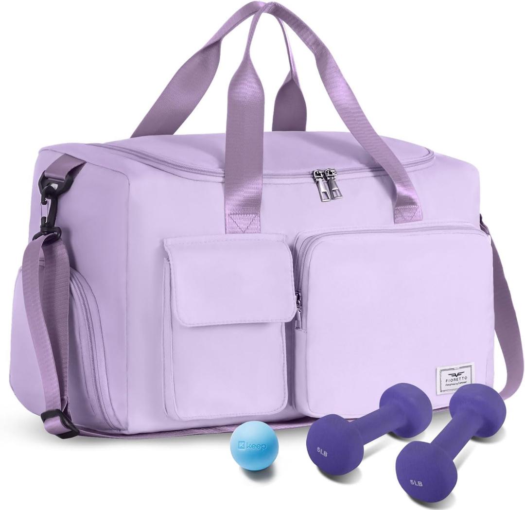 FIORETTO Women's Gym Duffle Bag with Shoes Compartment, 37L Capacity, Ideal for Travel, Gym, Sports, Duffel, Weekender (Lavender)