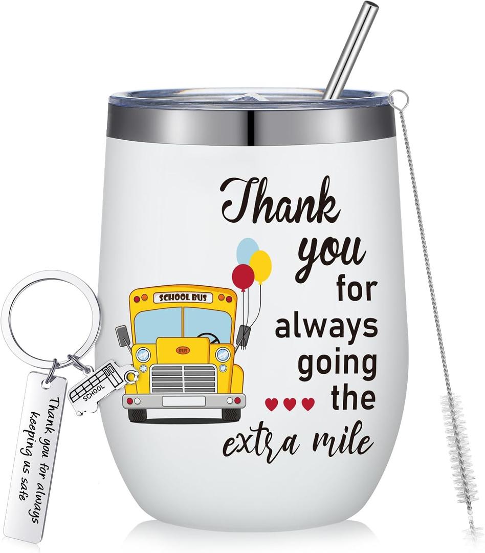 Rtteri 2 Pcs School Bus Driver Appreciation Gifts Bus Driver Gift for Women Men Tumbler Cup 12oz with Lid and Straw Stainless Steel Keychain for Back to School Present(Lovely)
