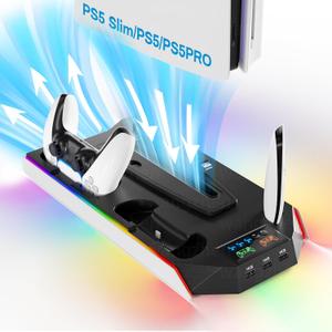 PS5 Cooling Station Stand RGB with Dual Controller Charging Station for PlayStation 5 Console, PS5 Accessories Incl. Controller Charger, Cooling Fan, Headset Holder, 3 USB Hub (off-white)