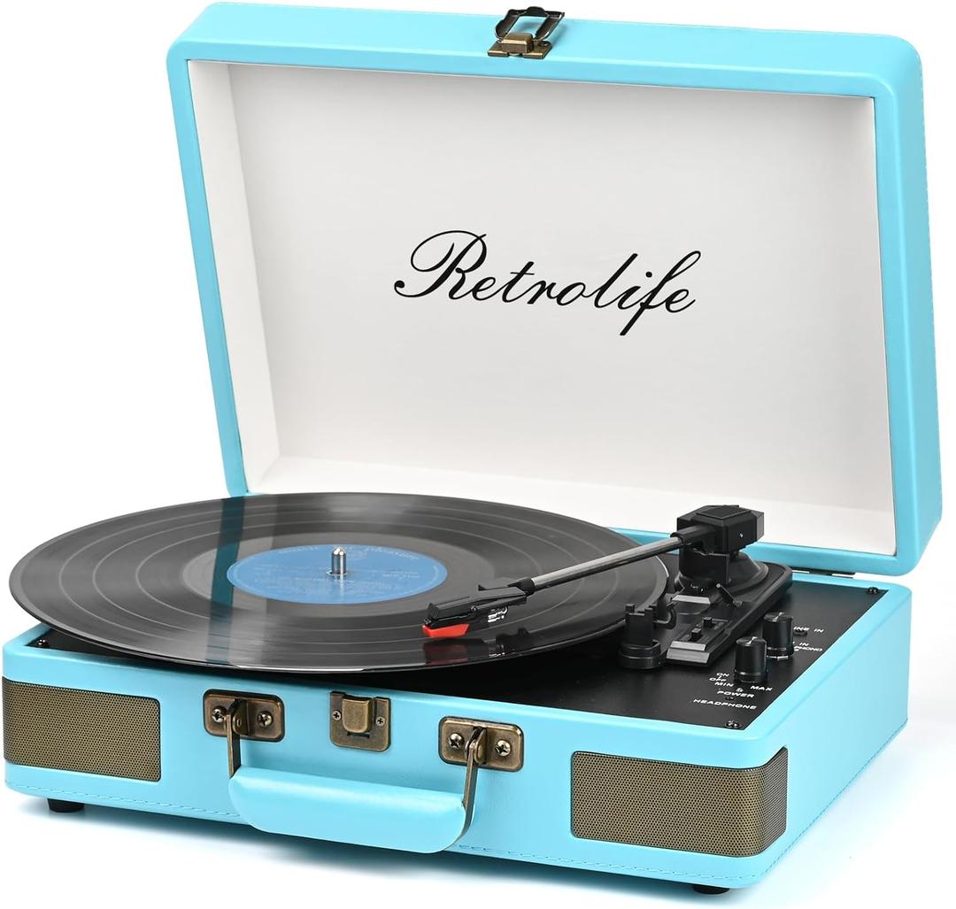 Record Player 3 Speed Bluetooth Portable Suitcase Vinyl Player with Built-in Speakers Turntable Enhanced Audio Sound PU Leather Vintage