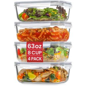 4 Pack 8 Cups/ 63oz Large Glass Storage Containers with Lids, Meal Prep Containers, Glass Food Storage with Airtight Lid for Baking, Leak Proof & Microwave, Oven Safe (4 Containers + 4 Lids)