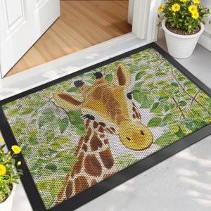 LUMI Outside Door Mat 17x30, Non Slip Rubber Backing Doormat, Low Profile Easy Clean Entrance Mats for Front Back Door Entryway Porch Garage, Giraffe