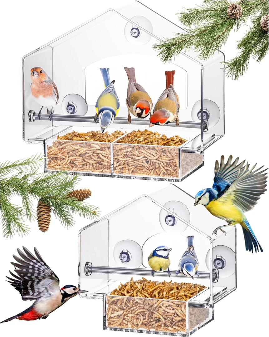 Clear Window Bird Feeder - Set of 2 - Squirrel Proof Bird Feeders for Outdoors - Durable Plastic Wild Avian House for Outdoor Viewing - Easy-to-Clean