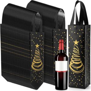 Wesnoy 50 Pcs Christmas Reusable Non-woven Wine Bottle Gift Bags Bulk 13.6x3.5x3.9 Christmas Tree Pattern Bottle Gift Bags with Handles for Xmas Party(Black Gold)
