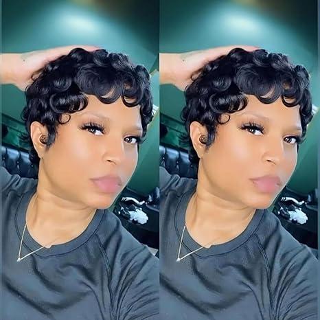 VRZ Pixie wigs for black women human hair human hair wigs for black women Short Layered Pixie Short Wig for Black Women Glueless 100% Hair Non Lace Full Machine Natural Black Color 1B