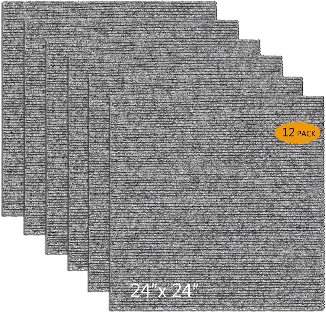 12Pcs Carpet Squares 24”x 24” Carpet Tiles Peel and Stick Non-Slip Self Adhesive Floor Tile DIY Reusable Waterproof Carpet for Gym Garage Tiles