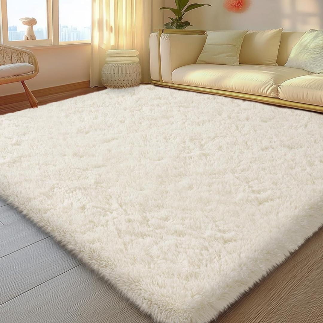Mugorn 5x7 Rugs for Living Room, Large Fluffy Cream White Area Rugs for Bedroom, Soft Carpet Shag Kids Rug with 4 Non-Slip Rug Pads (5ft x 7ft, Cream White)