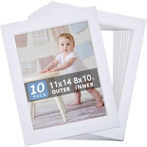 Somime 10 Pack Pre-Cut 11 x 14 White Picture Mats for 8.5x11 Photos - White Core Bevel Cut Frame Matte, Acid Free, Ideal for Frames/Artwork/Prints
