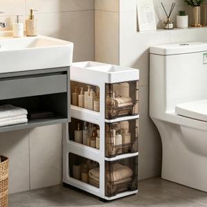 3 Drawer Storage Organizer, Narrow Plastic Storage Drawer Cart with 4 Wheels, 3 Tier Space Saving Storage Tower Box, Narrow Storage Cart for Small Space Bedroom Bathroom Kitchen Pantry Office