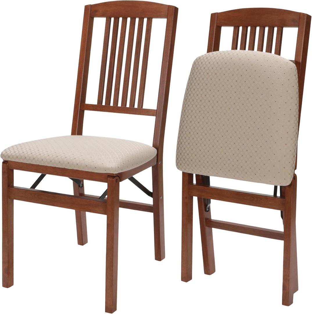 Stakmore Simple Mission Wooden Folding Chairs with Padded Seats, Set of 2 - No Assembly Foldable Dining Chairs, Steel Folding Mechanism, Upholstered Cushion, Space-Saving, Cherry Frame