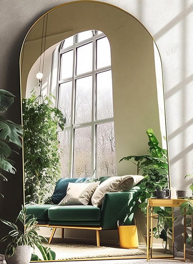 BEVERDY Arched Floor Mirror, 46" x 90" Oversized Full Body Mirror, Freestanding, Arch Mirror, Wall Mounted for Bedroom, Gold