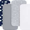 Baby Bassinet Sheets 4 Pack Compatible with 33" x 20" Mika Micky, Baby Delight, Dream On Me, AMKE and Other Rectangle Bassinet Mattress, Ultra Soft & Skin Friendly, Washer & Dryer (for Mika Mikcy & Baby Delight & Bedside Sleeper, Navy Blue Cloud)