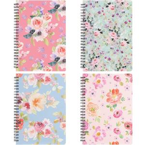 Spiral Notebook 57 Inch, 4 Pack Small Writing Journals College Ruled Hardcover Floral Notebook for School Supplies Studio Girls Women, Inner Pocket, 80 Sheets/160 Pages, B6 Size