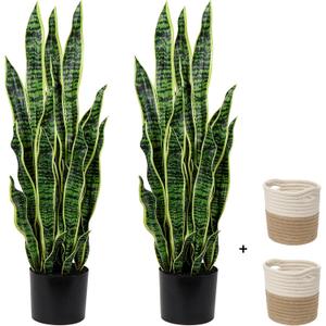 2 Set Large Fake Snake Plant 35 Inch Sansevieria Plant Artificial Snake Plants in Pots with Woven Basket Faux Mother In Law Tongue Plant - 30 Leaves Fake Laurentii for Indoor Outdoor Home Office Decor