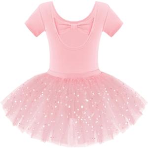 Zaclotre Girls Ballet Leotards Short Sleeve Bow Back Tutu Ballerina Costume Toddler Dance Dress Outfit Combo (6-7 Years)