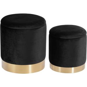 Round Velvet Nesting Ottomans with Spacious Storage set of 2, Upholstered Pouf Footrest with Gold Metal Hoop Accent, Multifunctional Side Table,Vanity Stool for Living Room,Bedroom and Dorm (Black)