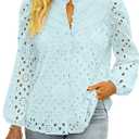 BETTE BOUTIK Women's Long Short Sleeve Tops 2025 Dressy Casual Button Hollow Out Lace Embroidered Blouses Shirts (M)