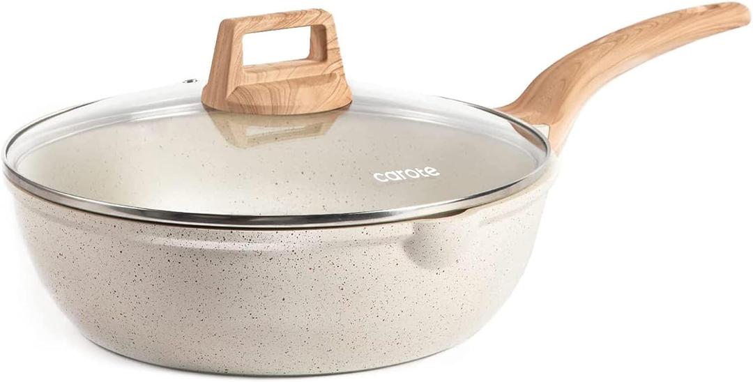CAROTE 12Inch Nonstick Deep Frying Pan with Lid, 5.5 Qt Jumbo Cooker Sauté Pan with Pour Spout, Skillet Induction Cookware, Non Stick Cooking Pan Kitchen Pan PFOA Free, White Granite