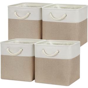 Temary 4 Pack Cube Storage Bins Cloth Baskets for Shelf, Fabric Storage Cubes 12 x 12 Baskets Gift Empty Basket with Handles, Basket for Storage (White&Khaki)