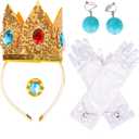 4PCS Princess Costume Accessories for Women Princess Peach Crown Earrings White Gloves Brooch Halloween Costume Accessories Cosplay Dress up for Women