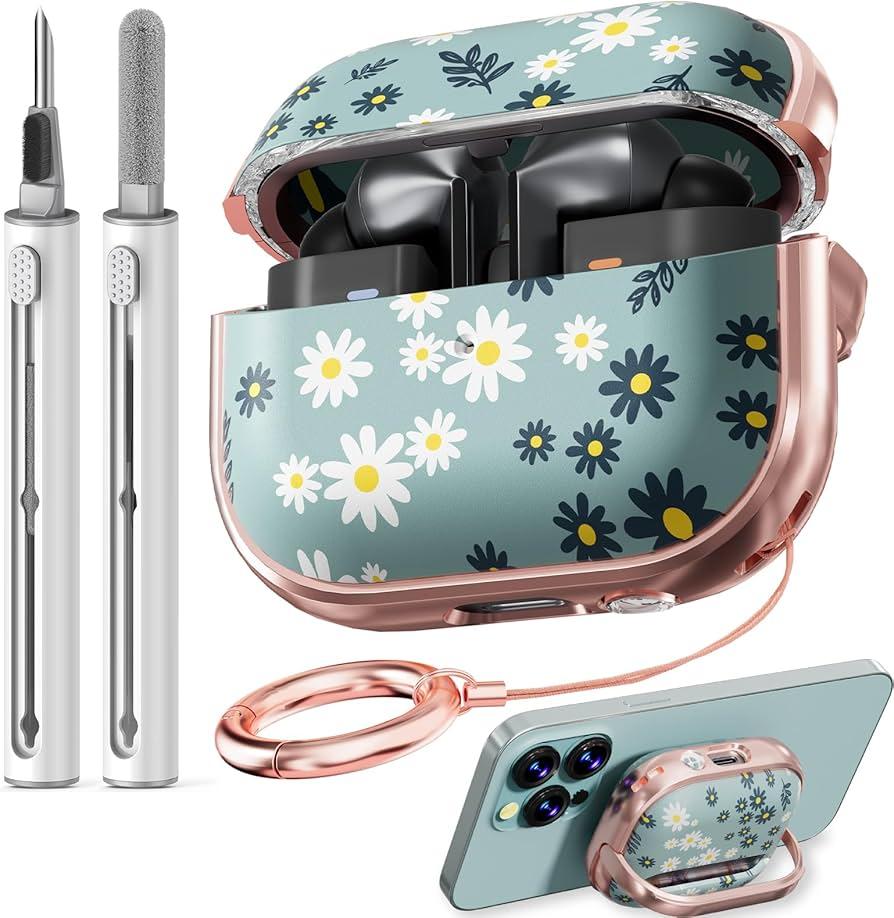 with Safety Lock for Samsung Galaxy Buds Pro 3 Case & Galaxy Buds 3 Case Cover with Cleaner Kit and Keychain, Soft TPU Cute Floral Earbuds Pro 3 Case for Women Girly - Green Daisy Flower