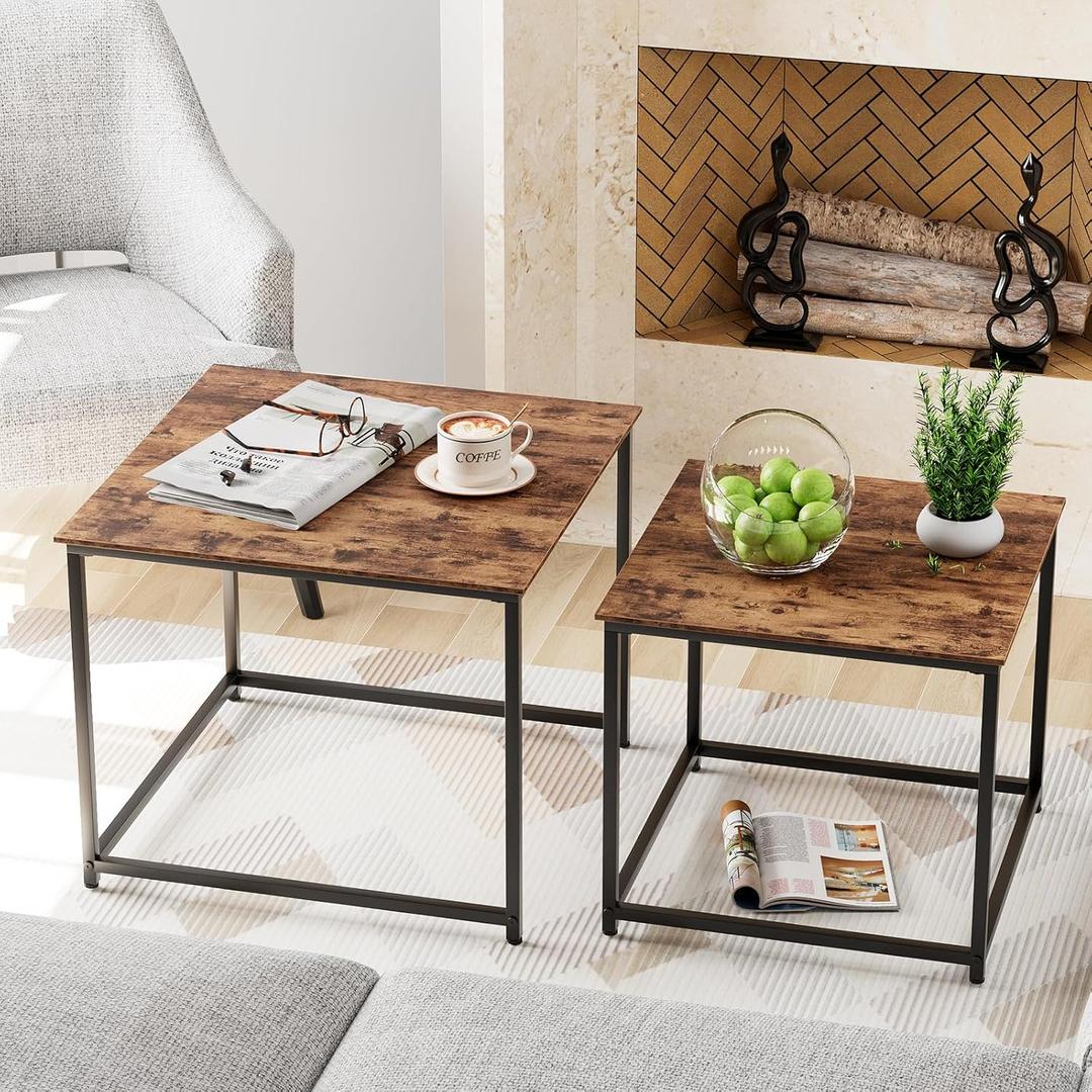 Garden 4 you Coffee Table Set of 2, Modern Engineered Wood Nesting Table, Metal Frame Square Center Table Set, Side Tables, Nesting Coffee Table for Living Room, Bedroom and Small Spaces, 23.6in Brown
