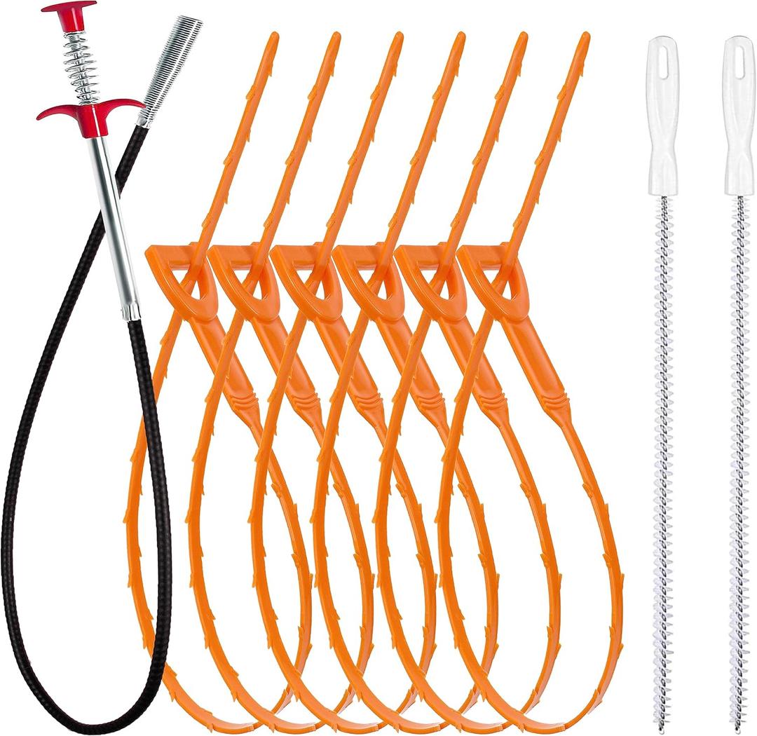 35.5inch Drain Clog Remover(1pcs), 25inch Drain Snake Hair Remover(6pcs)  Cleaning Brush(2pcs), Hair Catcher Drain Auger Cleaner Tool Set For Toilet, Kitchen Sink, Bathroom Tub, Sewer, 9 Pack