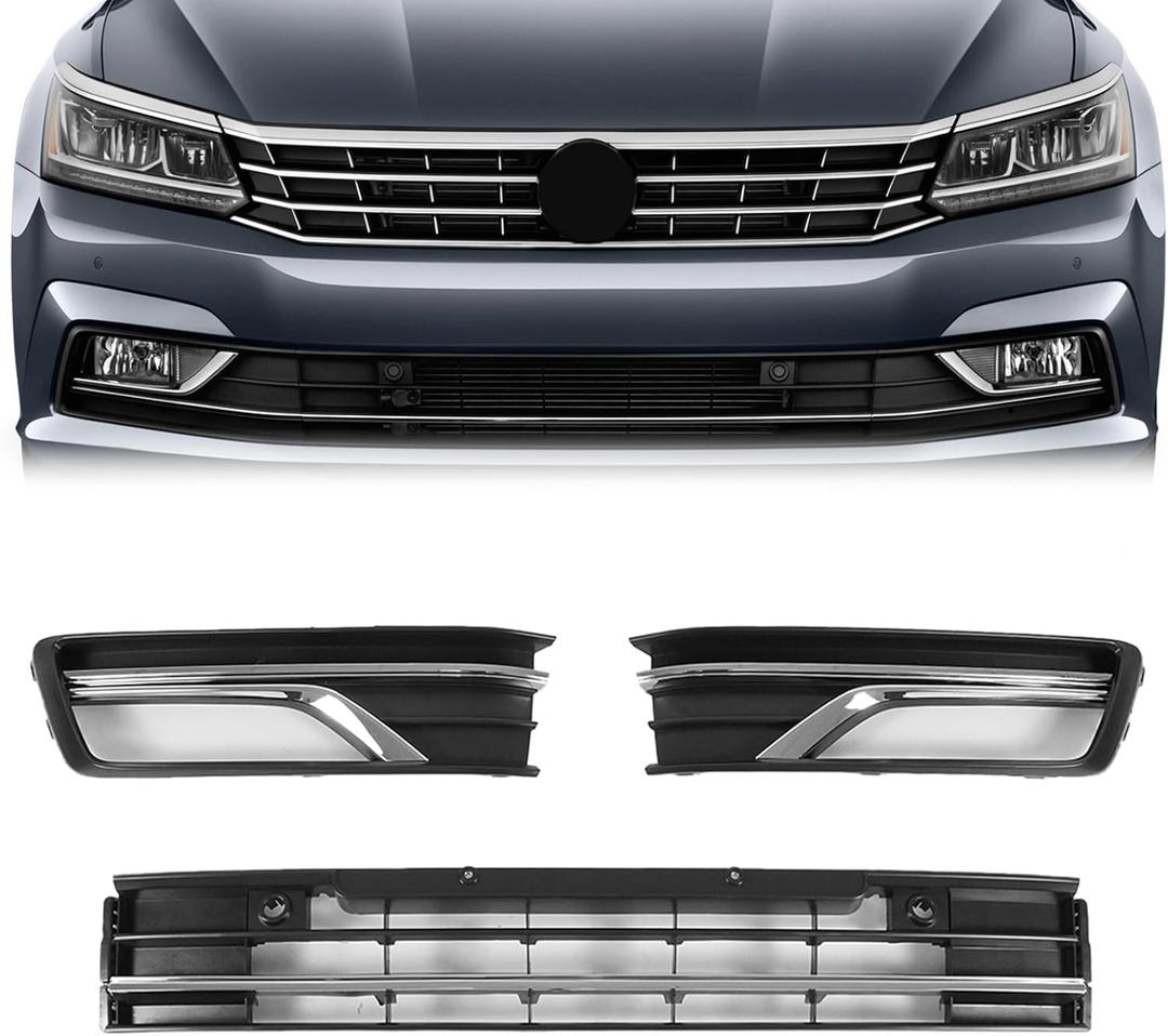 Front Bumper Lower Grille with Fog Lamp Bezel Cover For Volkswagen Passat S/SEL 2016 2017 2018 2019 Replace 561853671HRYP VW1036141 (For Passat 16-19)