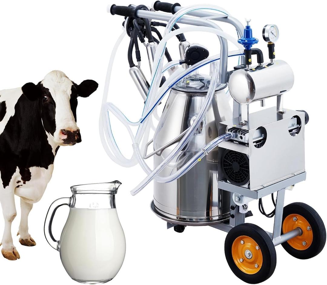 Cow Milking Machine Portable, 55KPA 15000 RPM Milking Equipment with 25 L/6.6 gal Stainless Steel Container, Electric Milker Machine 5-8 Cows Per Hour with Silicone Cups and Tubes for Cows and Goats