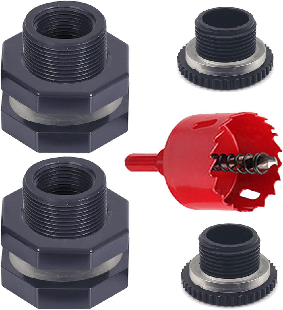 2 PCS Rain Barrel Bulkhead Fitting kit with Plugs and Hole Saw Tool, 3/4 Inch PVC Spigot Connector Kit for Rain Barrels Water Tanks Pools Aquariums Tubs (Bulkhead 3/4 Inch)