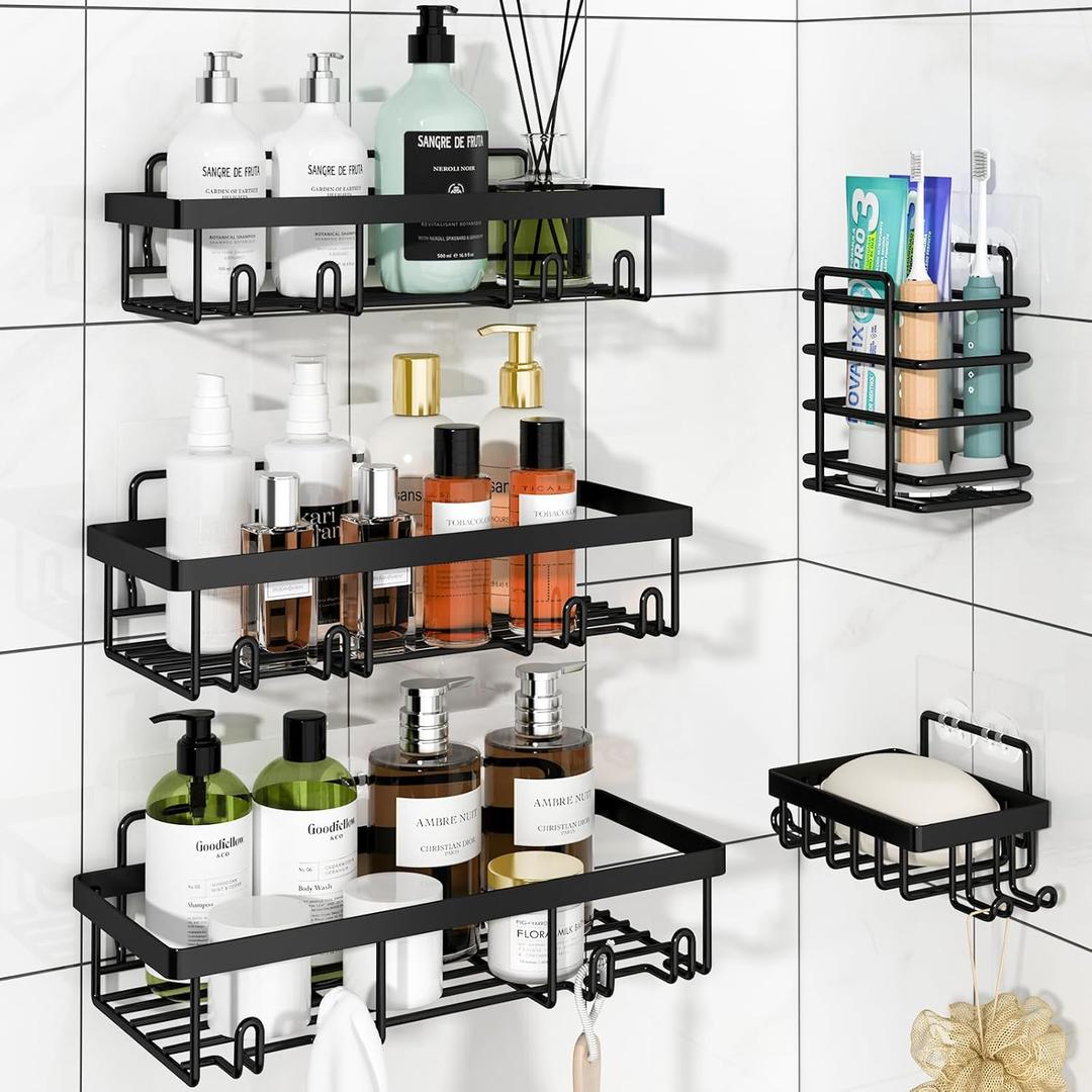 5 Pack Shower Caddy Organizer Rack Shelf for Inside Shower, Adhesive Bathroom Wall Storage Basket Rustproof Stainless Steel Shampoo Holder, Bathroom Accessory Decor Set, Black