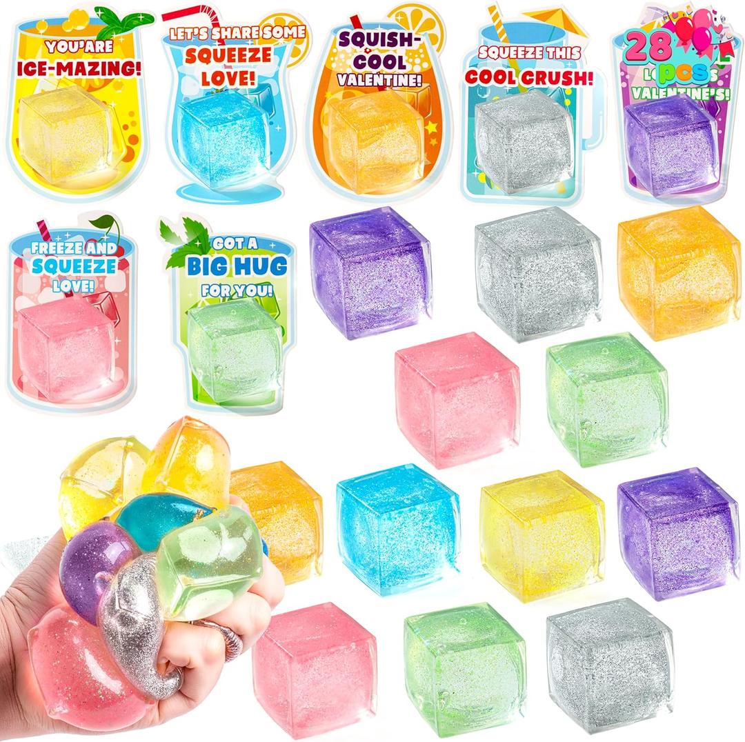 JOYIN 28 Pcs Valentines Day 1.2" Ice Cube Shaped Malt Sugar Squeeze Balls with Drink Cards, Stress Relief Fidget Toys in 7 Glitter Colors, Classroom Exchange Gifts Valentines Cards Party Favors