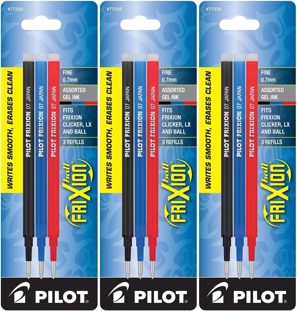 Pilot Gel Ink Refills for FriXion Erasable Gel Ink Pen, Fine Point, Assorted Ink, Pack of 9 (77335)