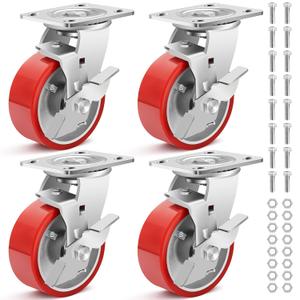 Nefish 5 Inch Industrial Grade Casters Wheels, Heavy Duty Aluminum Core PU Castor Set of 4, Durable Plate Swivel Casters with Brake 4000 LBS, Anti-Corrosion Wheels for Industrial, Equipment